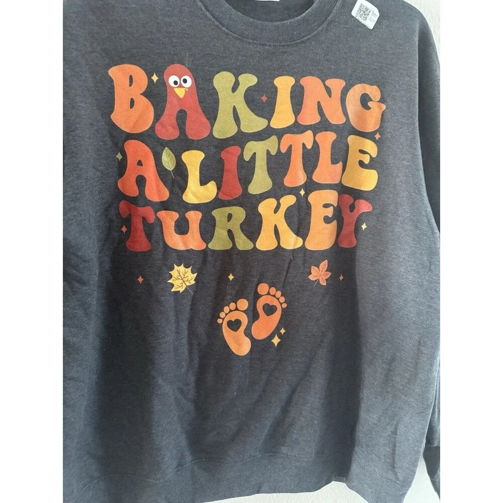 Baking a Little Turkey Thanksgiving Pregnancy Announcement Sweatshirt gray XL